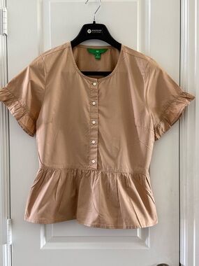 Tan Peplum Button-Down Blouse With Short Ruffle Sleeves Size M 100% Cotton